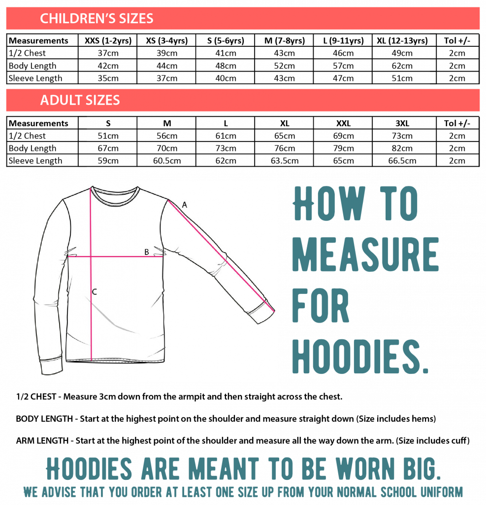 leavers hoodies sizing details